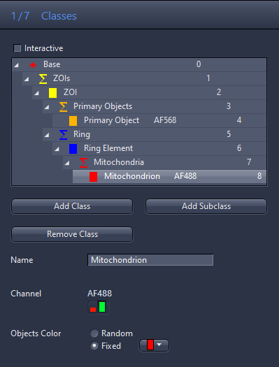 Classes tree showing ZOIs, Primary Object AF568, Ring Element, Mitochondria and Mitochondrion AF488, Name/Channel fields