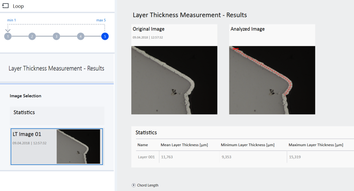Layer Thickness Measurement - Results showing Original and Analyzed Image with red layer overlay and statistics table