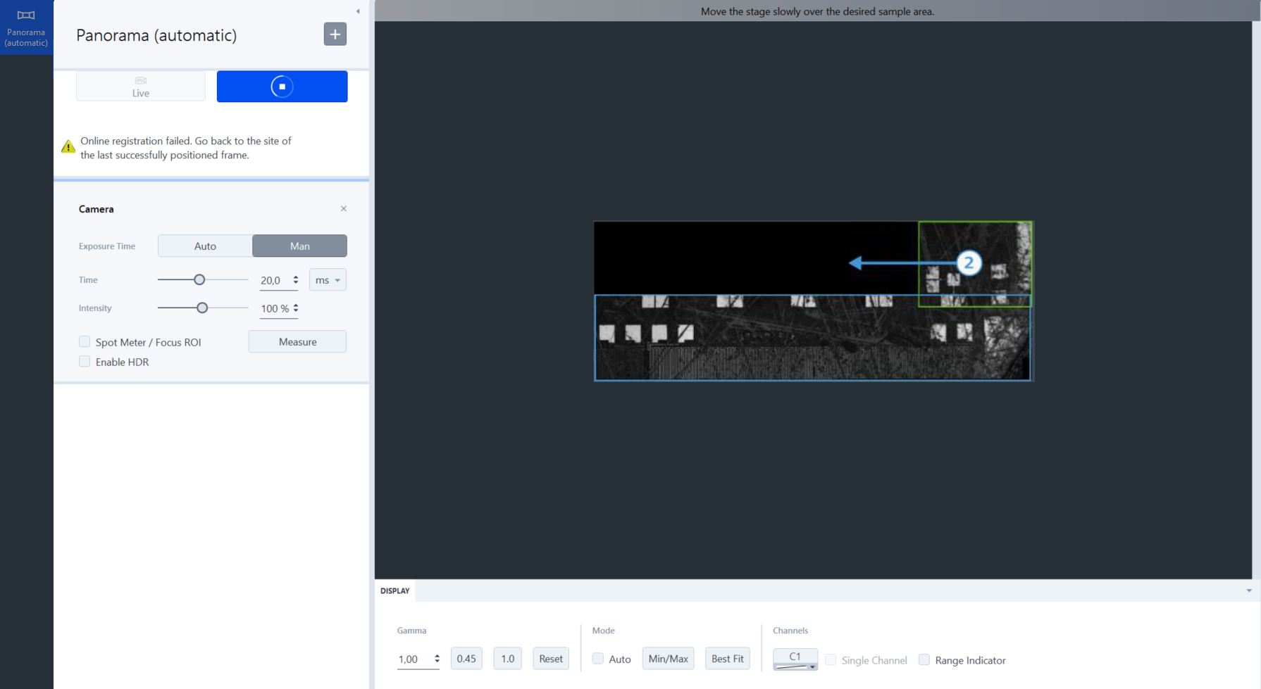 Panorama (automatic) panel with Camera (20.0 ms, 100%) and panorama preview showing frames with arrow labeled 2