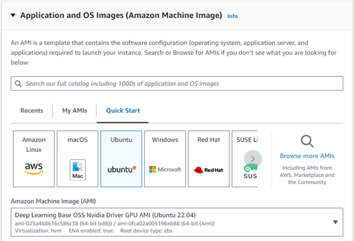 Application and OS Images panel with Ubuntu selected and AMI dropdown showing Deep Learning Base OSS Nvidia Driver GPU AMI (Ubuntu 22.04)