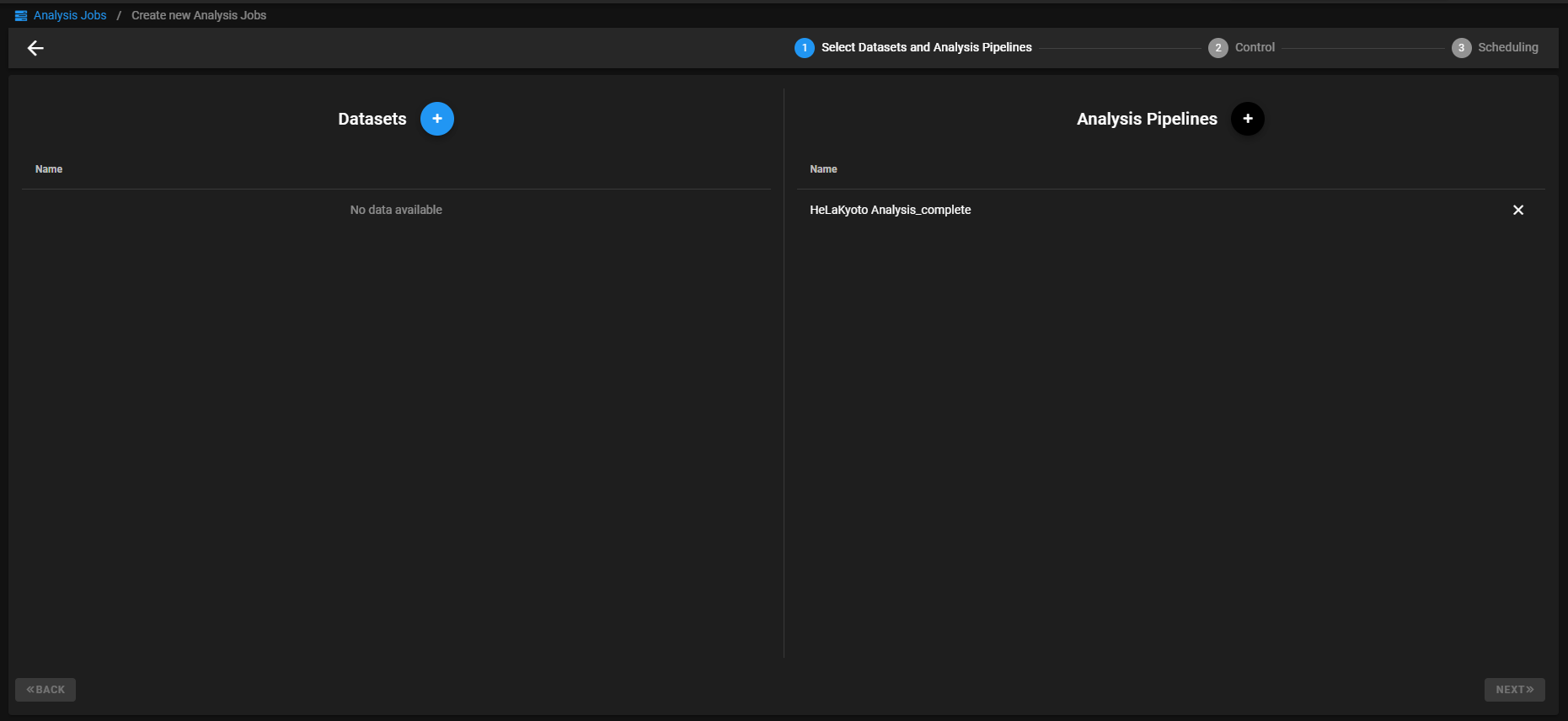 Create new Analysis Jobs screen showing empty Datasets panel and 'HeLaKyoto Analysis_complete' in Analysis Pipelines