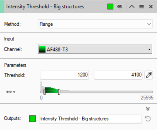 Intensity Threshold dialog: Method Range; Channel AF488-T3; Threshold 1200-4100; Output Intensity Threshold - Big structures