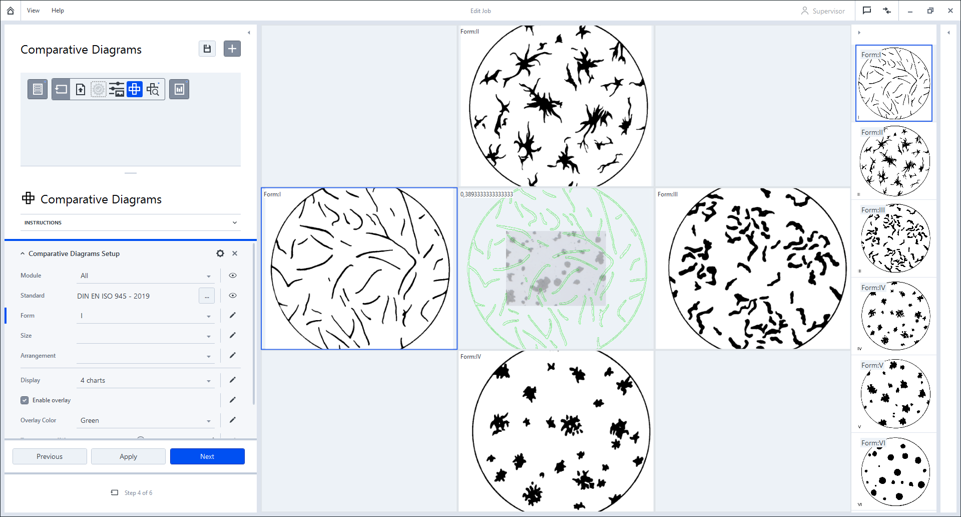 Software UI titled Comparative Diagrams showing left panel and grid of circular chart images labeled Form:I and Form:III