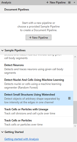 Analysis panel with 'Document Pipelines', '+ New Pipeline' button and highlighted 'Detect Small Structures Using Watershed'