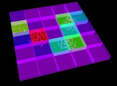 Tilted purple grid platform with raised translucent green, cyan and red tiles showing white flecks on black background