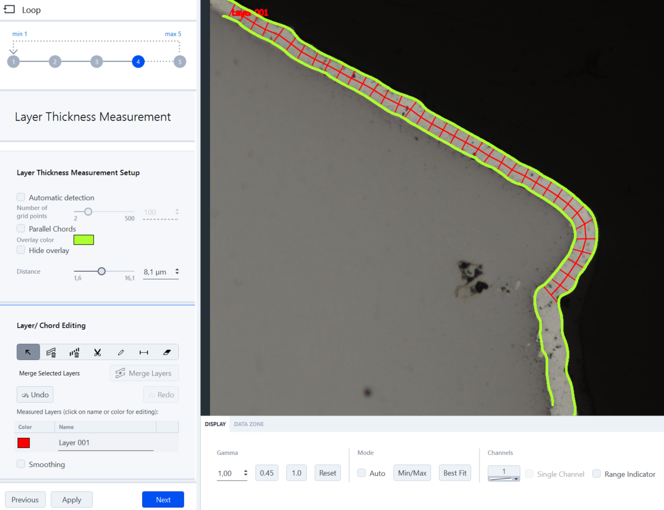 Image with green outlined layer and red grid labeled Layer 001; left panel shows Layer Thickness Measurement