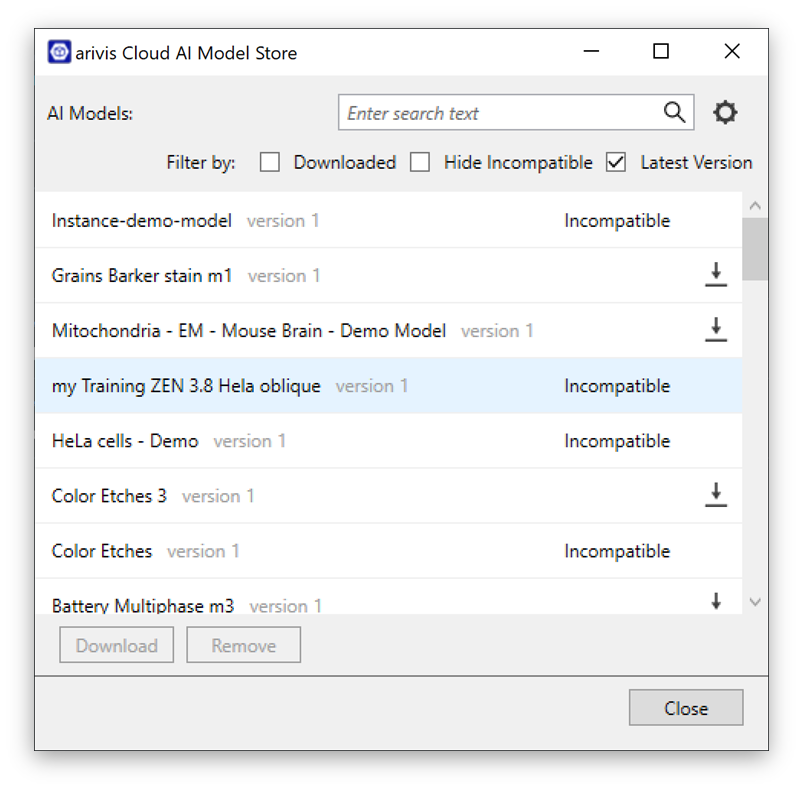 arivis Cloud AI Model Store window listing AI models with filter options and several models labeled 'Incompatible'