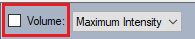Interface showing 'Volume:' checkbox and 'Maximum Intensity' dropdown menu.