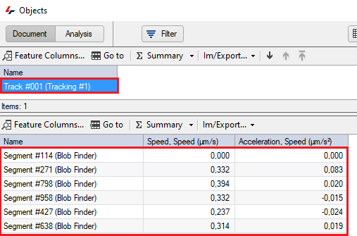 Objects window screenshot showing highlighted Track #001 (Tracking #1) and a table of segments with speed and acceleration.