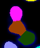 Magenta rounded top blob above brown and dark green overlapping blobs with cyan and light blue spots on black
