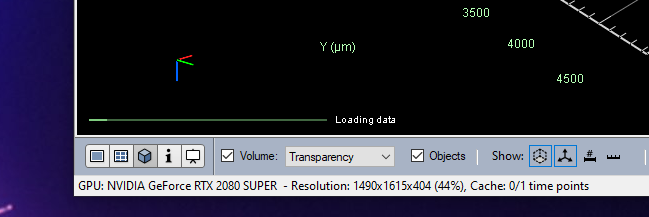 Software window showing 'Loading data' bar and text GPU: NVIDIA GeForce RTX 2080 SUPER - Resolution: 1490x1615x404 (44%)