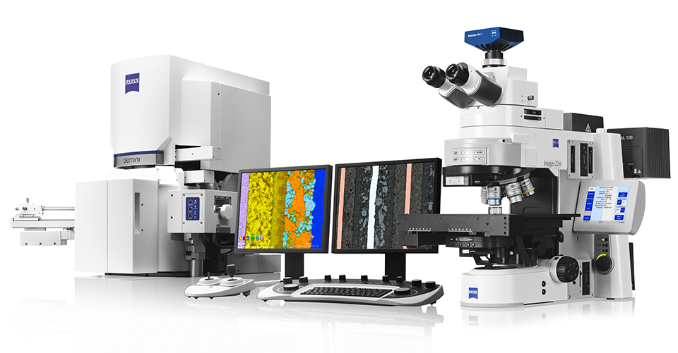 ZEISS correlative microscopy setup: SEM unit, optical microscope, two monitors showing sample images and control console