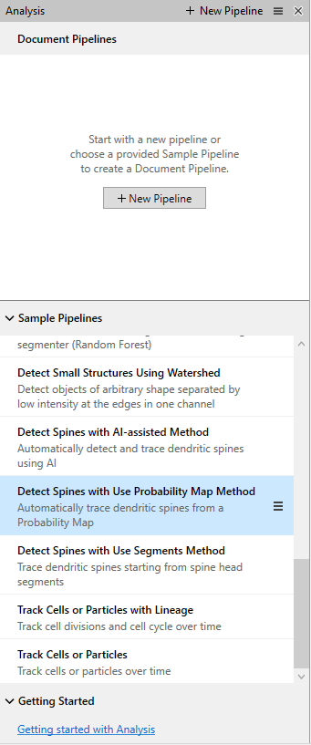 + New Pipeline button and Sample Pipelines list with Detect Spines with Use Probability Map Method highlighted