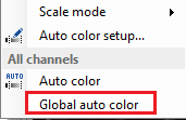 UI menu showing Scale mode, Auto color setup..., All channels, and highlighted Global auto color