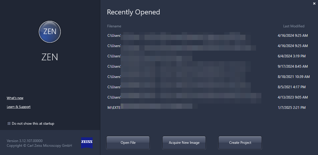 ZEN software screen titled Recently Opened with ZEN logo left and buttons Open File, Acquire New Image, Create Project