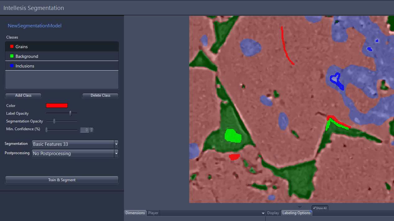 Segmentation overlay showing red, green and blue labeled regions over textured sample with left Classes panel visible