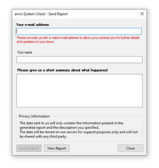 arivis System Check - Send Report dialog showing Your e-mail address, name and summary fields and View Report button
