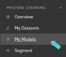 Sidebar showing MACHINE LEARNING menu with Overview, My Datasets, My Models highlighted and teal arrow