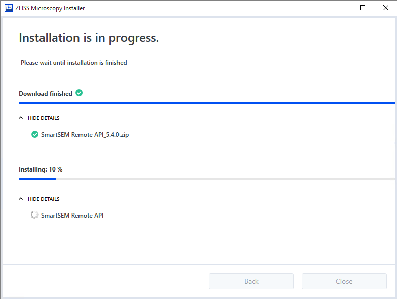 ZEISS Microscopy Installer window showing 'Installation is in progress', 'Download finished', and 'Installing: 10 %'