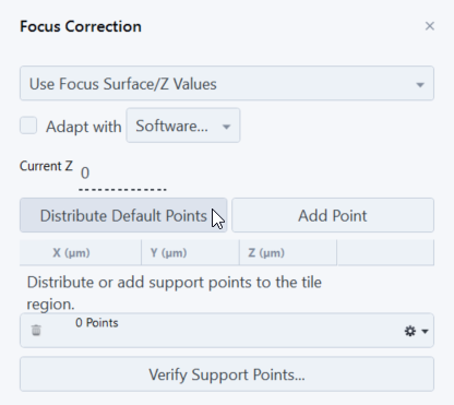 Focus Correction panel set to Use Focus Surface/Z Values with Adapt with Software option, Current Z 0 and Distribute Default Points.