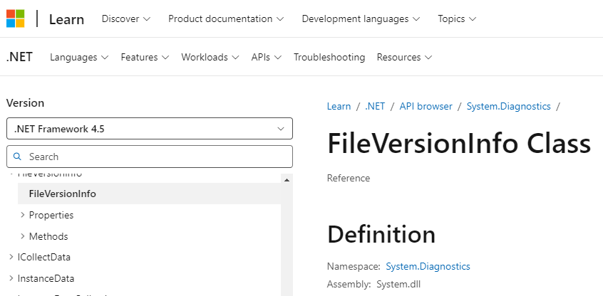 Microsoft Learn page showing FileVersionInfo Class for .NET Framework 4.5, Assembly System.dll