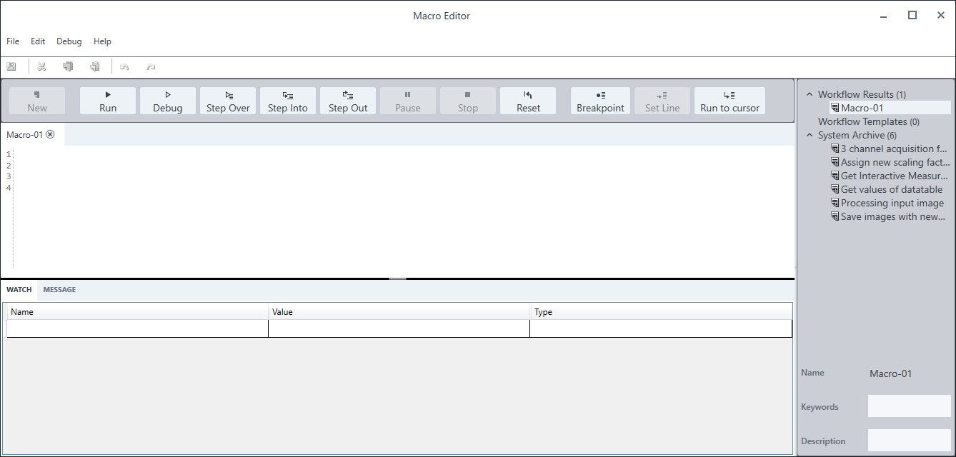 Macro Editor window with toolbar (Run Debug), Macro-01 editor area, Watch panel and Workflow Results sidebar