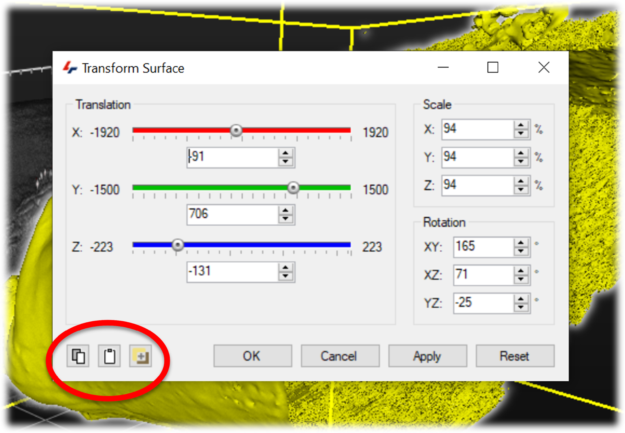 Transform Surface dialog with X Y Z sliders (red/green/blue), scale and rotation fields, three circled buttons