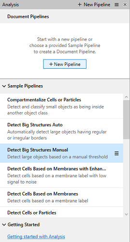 Panel titled Document Pipelines with + New Pipeline and Sample Pipelines list highlighting Detect Big Structures Manual