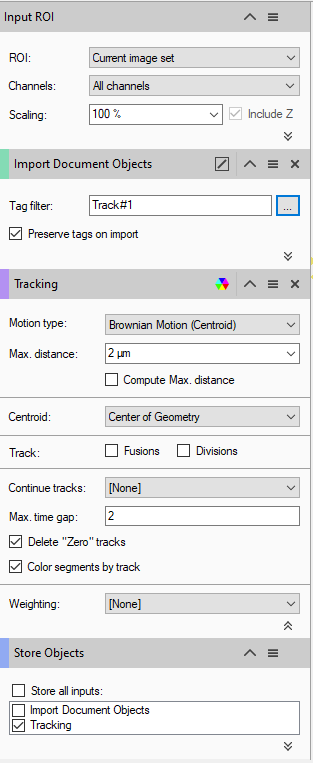 Input ROI panel: ROI 'Current image set', Tag 'Track#1', Brownian (Centroid), Max 2 µm, Store Objects tracking checked