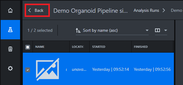 Back button highlighted, header 'Demo Organoid Pipeline si...', row shows image placeholder and 'unava...'