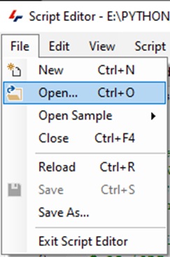 Script Editor File menu open showing Open... option highlighted with shortcut Ctrl+O