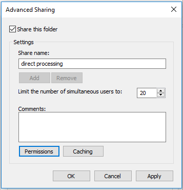 Advanced Sharing dialog with 'Share this folder' checked, Share name 'direct processing' and Permissions button