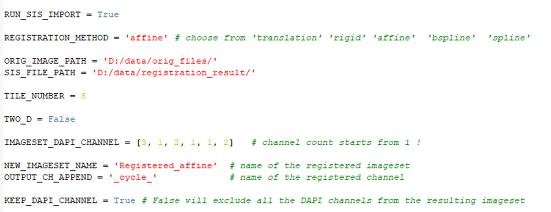 Script Editor code showing RUN_SIS_IMPORT = True, REGISTRATION_METHOD = 'affine', and ORIG_IMAGE_PATH and SIS_FILE_PATH