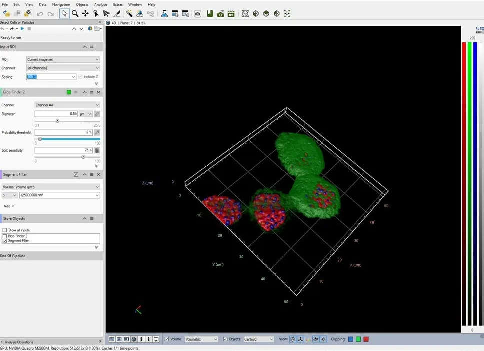 Software GUI with 3D volumetric rendering of green and red segmented objects on a grid, left-side tool panels and color scale