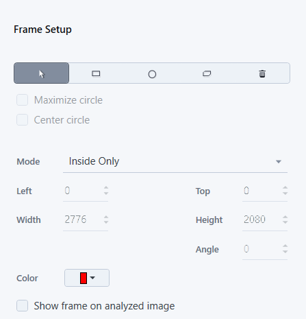 Frame Setup panel showing Mode Inside Only, Left 0 Top 0, Width 2776 Height 2080, color red