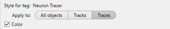 Style for tag: Neuron Tracer panel showing Apply to options with Traces selected and Color checked