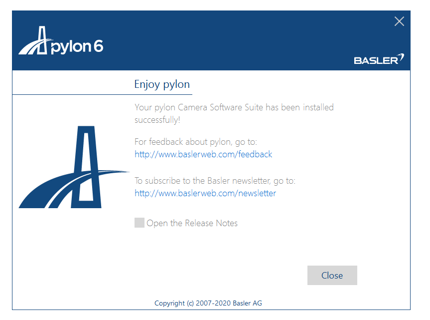 pylon 6 Enjoy pylon dialog confirming software installed, Open the Release Notes checkbox and Close button