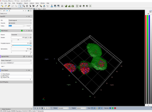 App window showing a 3D grid with three green volumes bearing red clusters, left control panels and a right color bar