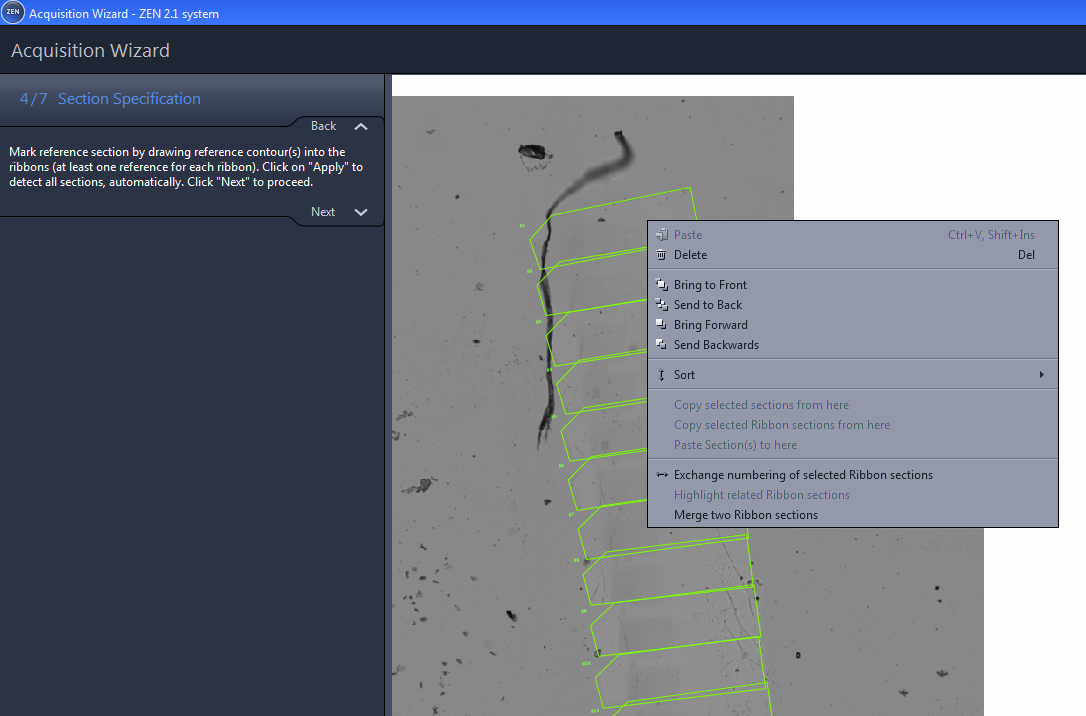 Screenshot of Acquisition Wizard 4/7 Section Specification showing gray sample with green polygon outlines and a context menu