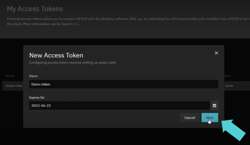 New Access Token dialog with Name 'Demo token', Expires On '2023-06-22' and Next button