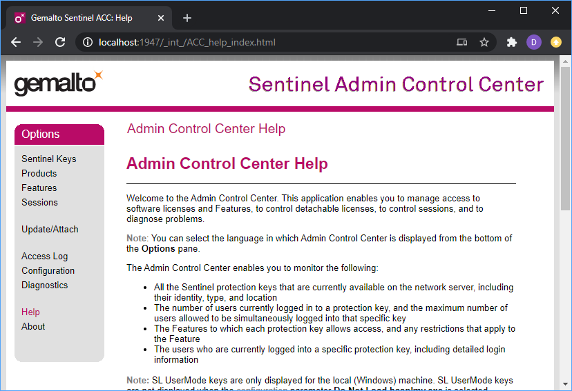 Browser window showing Gemalto Sentinel Admin Control Center page titled Admin Control Center Help with Options sidebar