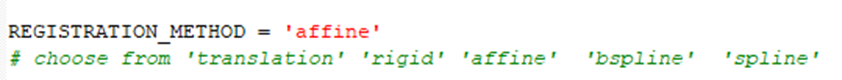 Code showing REGISTRATION_METHOD = 'affine' and comment listing options 'translation' 'rigid' 'affine' 'bspline' 'spline'
