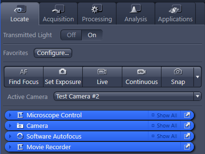 Locate tab panel with Find Focus, Set Exposure, Live, Snap buttons; Active Camera Test Camera #2 and blue control sections