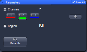 Parameters dialog showing Channels 2 with buttons labeled Ch1 Ch2 Ch3, Region Full, Defaults, Show All