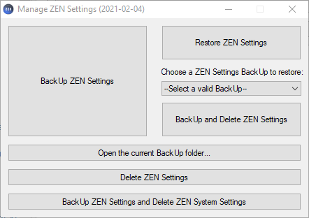 Manage ZEN Settings dialog with BackUp and Restore buttons and a backup selection dropdown