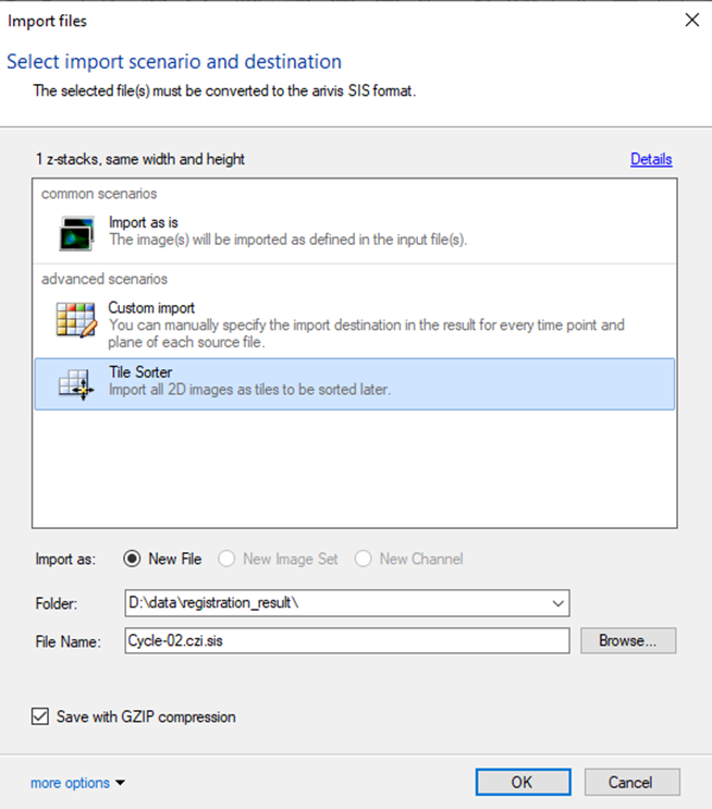 Import dialog showing Tile Sorter selected, Folder D:\data\registration_result\, File Name Cycle-02.czi.sis, GZIP compression checked