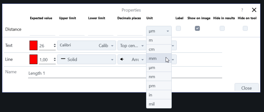 Properties dialog showing Unit dropdown with mm option highlighted