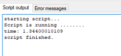 Script output panel displaying lines: starting script..., Script is running ........, time: 1.34400010109, script finished.