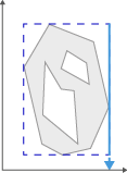 Gray irregular polygon with internal cutouts inside a dashed blue bounding box with a blue right-edge arrow