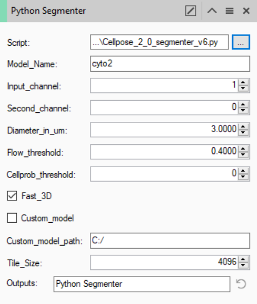 Python Segmenter dialog showing Model_Name cyto2, Input_channel 1, Diameter_in_um 3.0000 and Fast_3D checked